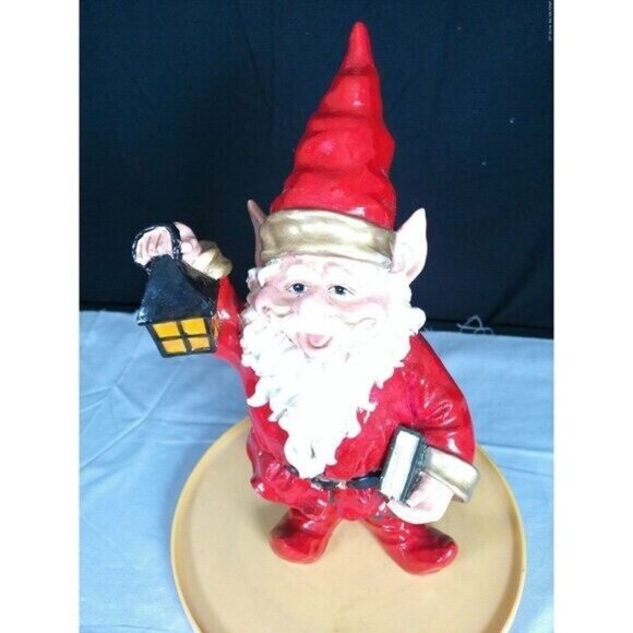 Gnome Figure Statue In Red Suit And Green Pants Holding Book Lantern - Picture 5 of 8